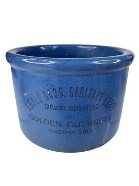 Ewald Bros. Sanitary Dairy Blue Ceramic Butter Crock 5" Golden Guernsey MN Vtg